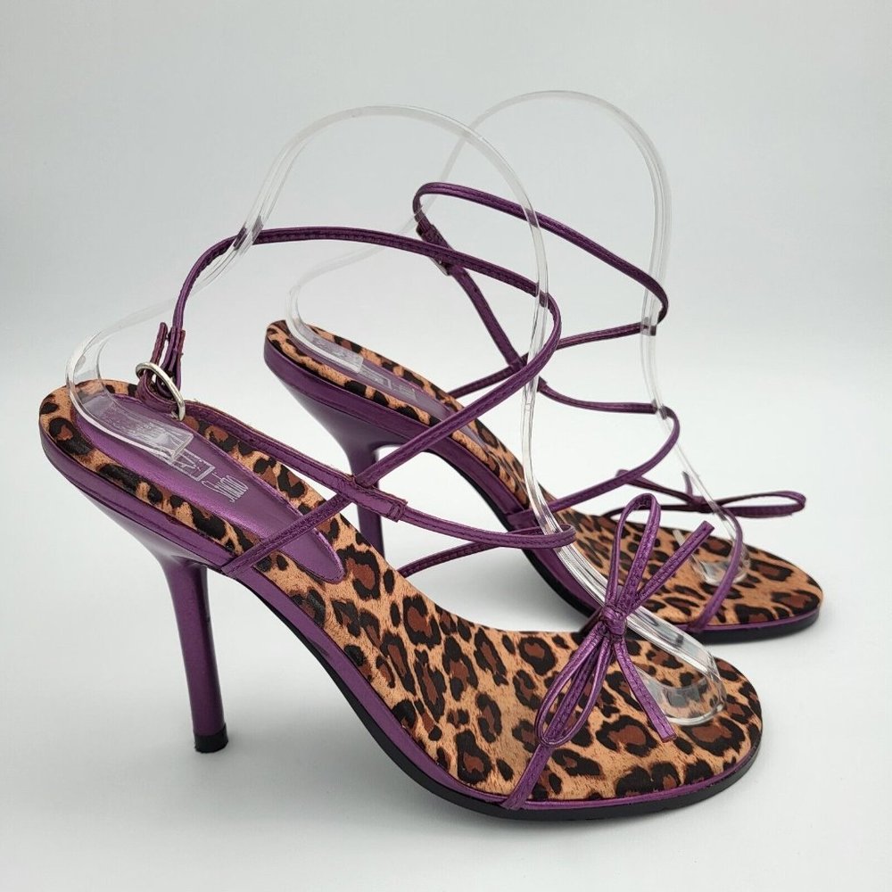 Andrew Stevens Studio Leather High Heel Sandal Size 9 Leopard Purple Ankle Strap